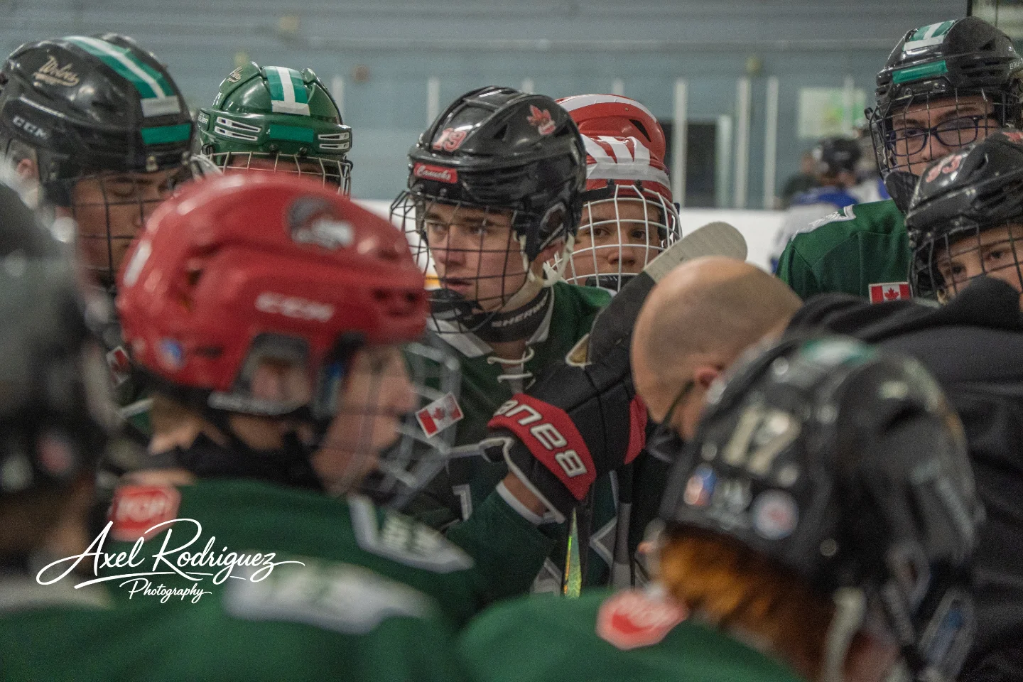 Hockey team huddled around their coach
